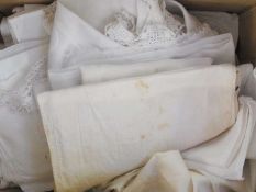 Various linen tablecloths, with crocheted edges etc (1 box)