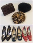 A leopard skin pillbox style hat, black mink hat and another fur hat, pair vintage red shoes "Paul