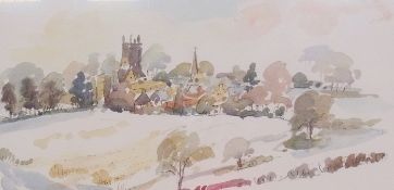 Watercolour drawing
P.A. Wright 
"Stow Church in Snow", signed, 31 x 40cm