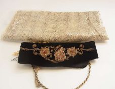 A cream shawl with metal decoration together with a velvet belt, embroidered with gilt thread, bugle