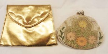 A vintage beaded and embroidered evening bag, with a small mirror and comb set and another mirror