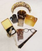 A selection of hair combs, mantilla, pair of lorgnettes in faux tortoiseshell, and a Scottish claw