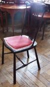 Pair stained wood spindle back bedroom chairs, with stuffed pink velvet seats
