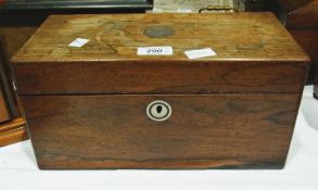 Late Georgian rosewood tea caddy, rectangular with mother-of-pearl circle and ring inlay to the