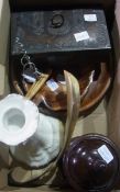 Two wooden bowls, candlestick holder, bottle opener and tin with buttons, (1 box)