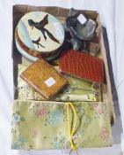 A collection of small items to include:- button boxes, brass petal dish etc