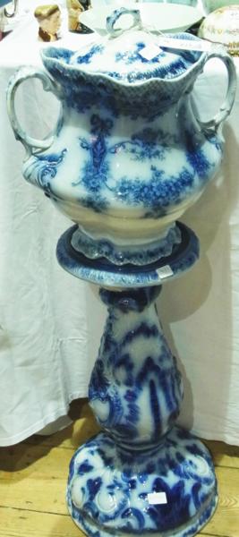 Wood & Son "Princess" blue and white two-handled ceramic jardiniere on stand