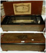 Late nineteenth century Swiss walnut and stained wood music box, the lid decorated with musical