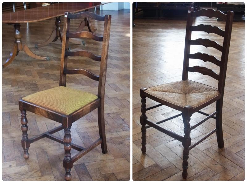 Set of four 1930s oak ladderback dining chairs, with drop-in seats together with rush seated