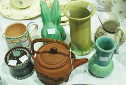 Sylvac green rabbit, (af), Poole pottery jug, studio pottery vase and other items, (7)