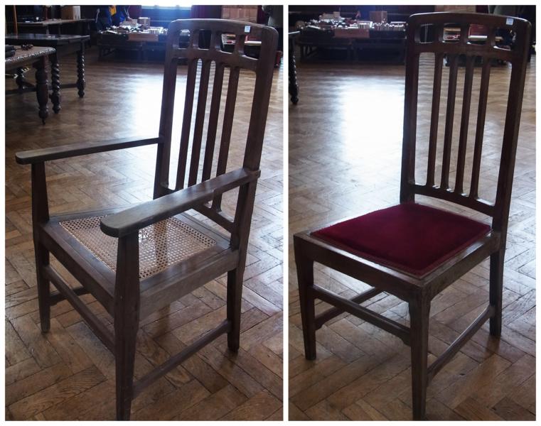 Set of nine 1930s Cotswold School mahogany high back chairs, with red velvet drop-in seats, believed