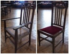 Set of nine 1930s Cotswold School mahogany high back chairs, with red velvet drop-in seats, believed
