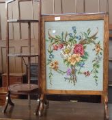 Edwardian mahogany three tier cake stand together with an oak framed needlework firescreen