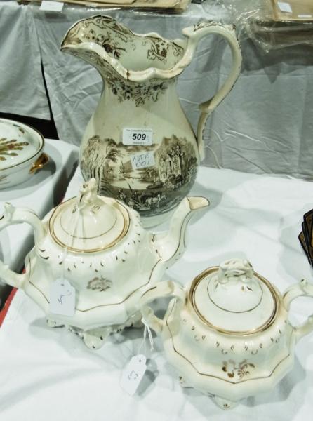 A 19th century transfer printed jug together with a cream teapot with gilt highlights and a matching