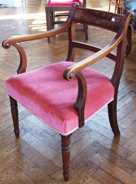 Pair of late nineteenth century mahogany elbow chairs, upholstered in pink velvet, on turned front