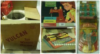 A Vulcan toy washing machine, boxed, together with a Child's sewing machine, Tiddleywinks, a Minor