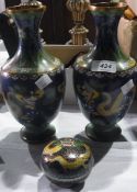 Modern Chinese cloisonne vases, decorated with dragons, and a trinket pot