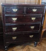 Victorian stained pine chest of two short and three long graduated drawers, raised on bun feet, 97cm