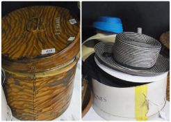 Old tin hat box, containing a variety of ladies hats with a further quantity of hats