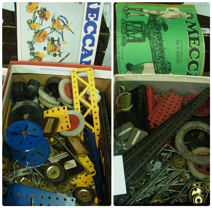 Quantity of Meccano to include:- wheels, pulleys etc with spare parts list, book of models, No 5