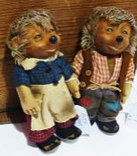 Pair of Steiff "Mikki" hedgehog family, rubber figures, husband and wife in original costume