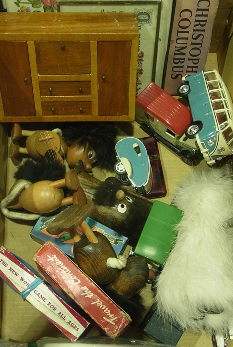 Collection of toys to include:- miniature dolls house, chest, children's books, Dinky toys,