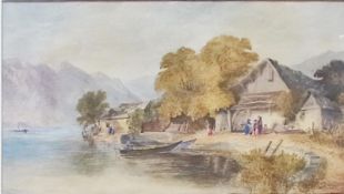 Watercolour 
William Leighton Leitch (1804-1883)
Swiss lake scene with figures by rustic building