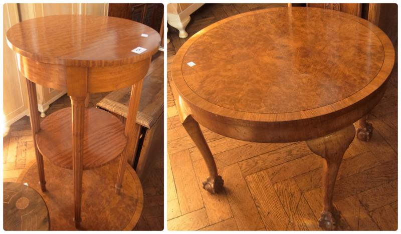 Reproduction satinwood circular side table with frieze drawer, on turned fluted tapering legs with