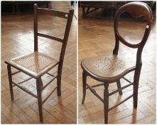 Modern stained pine kitchen chair, with cane seat, and another, (2)