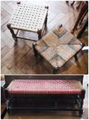 Rush-seated rectangular stool together with two further rush top stools (3)