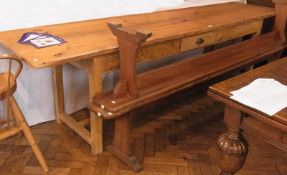Large rectangular pine and oak table, with small single frieze drawer to centre, on straight