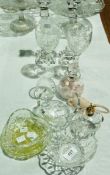 Various cut glass, to include glasses and bowls, candlestick holders, perfume bottles and two wine