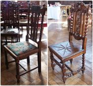 Two various oak carved high back spindle chairs, one with drop-in floral upholstered woolwork seat