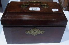 Nineteenth century mahogany casket, the hinged top with brass swan-neck handle and having brass