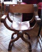 Carved wood folding chair, with leather seat and back