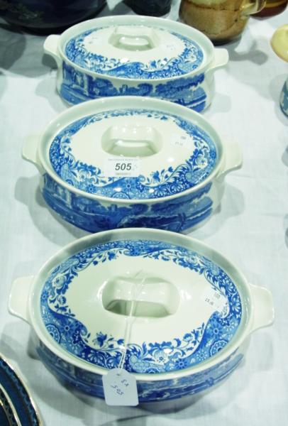 A set of three Spode ovenproof tureens, blue and white