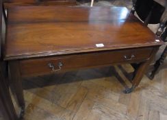 Mahogany rectangular coffee table with moulded edge top, long frieze drawer, on square legs with