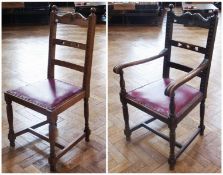 Set of four carved oak ladderback dining chairs, together with a highback carved oak chair and a