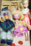 Pelham puppets: Great Uncle Bulgaria and small girl with yellow hair together with a Sindy doll