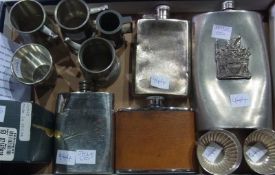 Four various hip flasks, pair silverplate fluted bowls, various pewter spirit measures etc