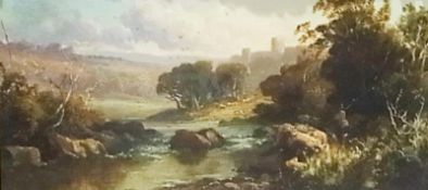 Oil on board 
Tom Seymour 
Fisherman in a river landscape with castle ruins in background, signed,