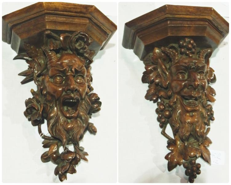 Pair Victorian carved walnut wall brackets, with Bacchus head ornament, finely carved with a