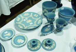 Collection ten various blue and white jasperware items to include:- plant pot holders, plates,