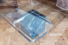 Contemporary square glass-topped coffee table, with bevelled edge, on marble plinth, 99cm wide