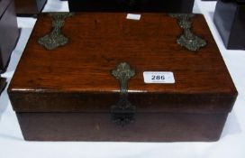 Victorian oak and metal bound writing box, with fitted interior and embossed hasps, 28cm wide