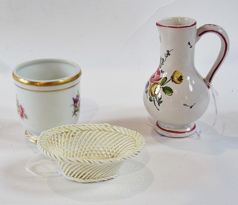 Small Vista Alegre pen pot, a Portuguese style jug and a small Staffordshire Belleek style basket