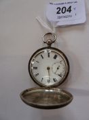 Victorian silver hunter small pocket watch, with white enamel dial, Roman numerals, subsidiary