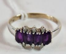 18ct white gold, amethyst and diamond ring, set four oval amethysts and six small diamonds