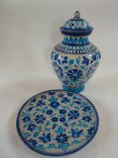 Isnik style glazed earthenware vase and cover, turquoise scrolling floral decoration, 37cm high