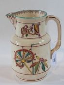 Early twentieth century stoneware jug, printed with birds, oriental flowers, and an oriental